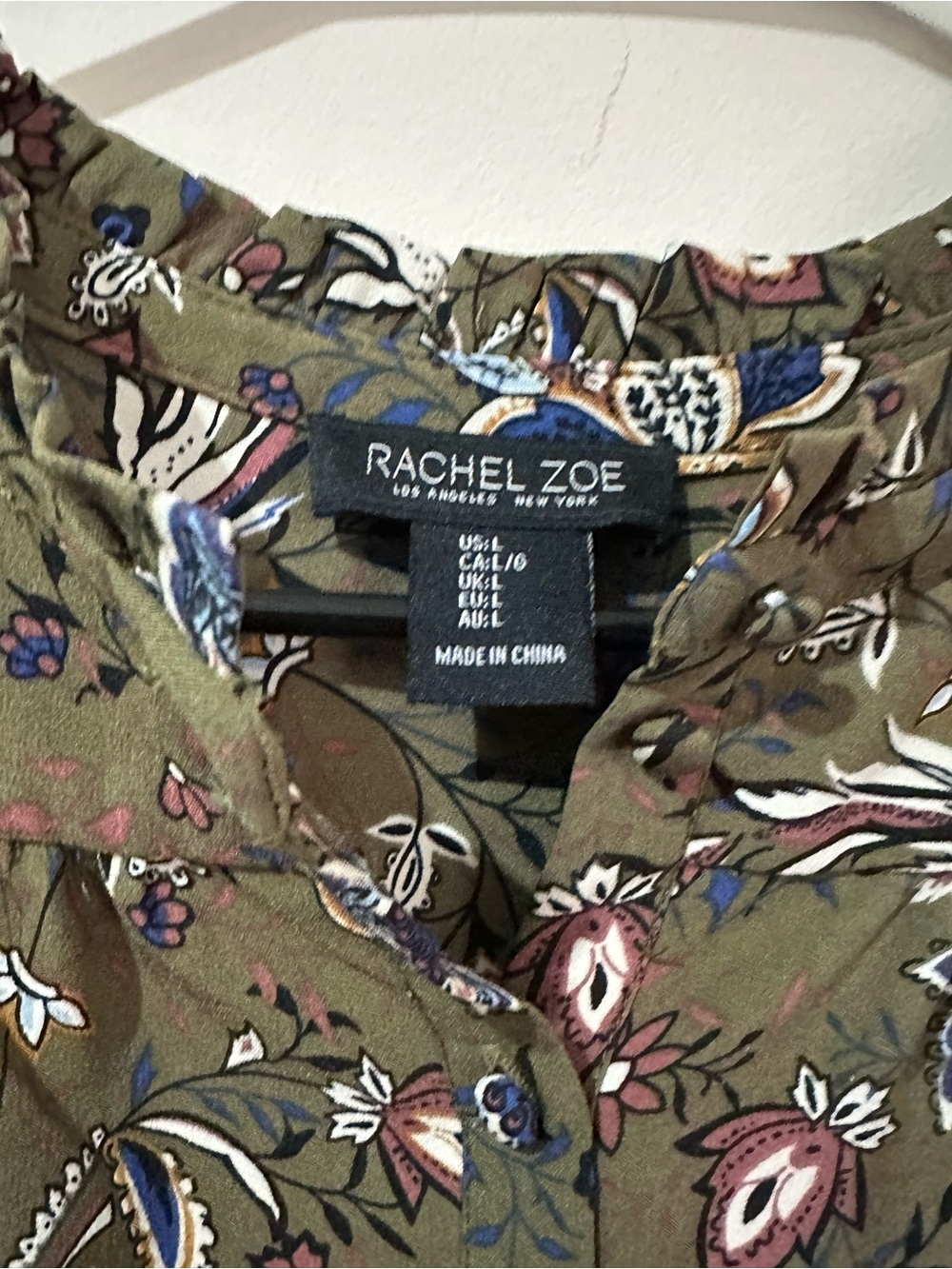 Rachel Zoe Large Olive Floral Boho Peasant Puff Sleeve Button-Front Blouse - Picture 4 of 6